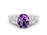 White gold Oval Cut Amethyst Solitaire Ring with Filigree Band and Four-Prong Setting_24