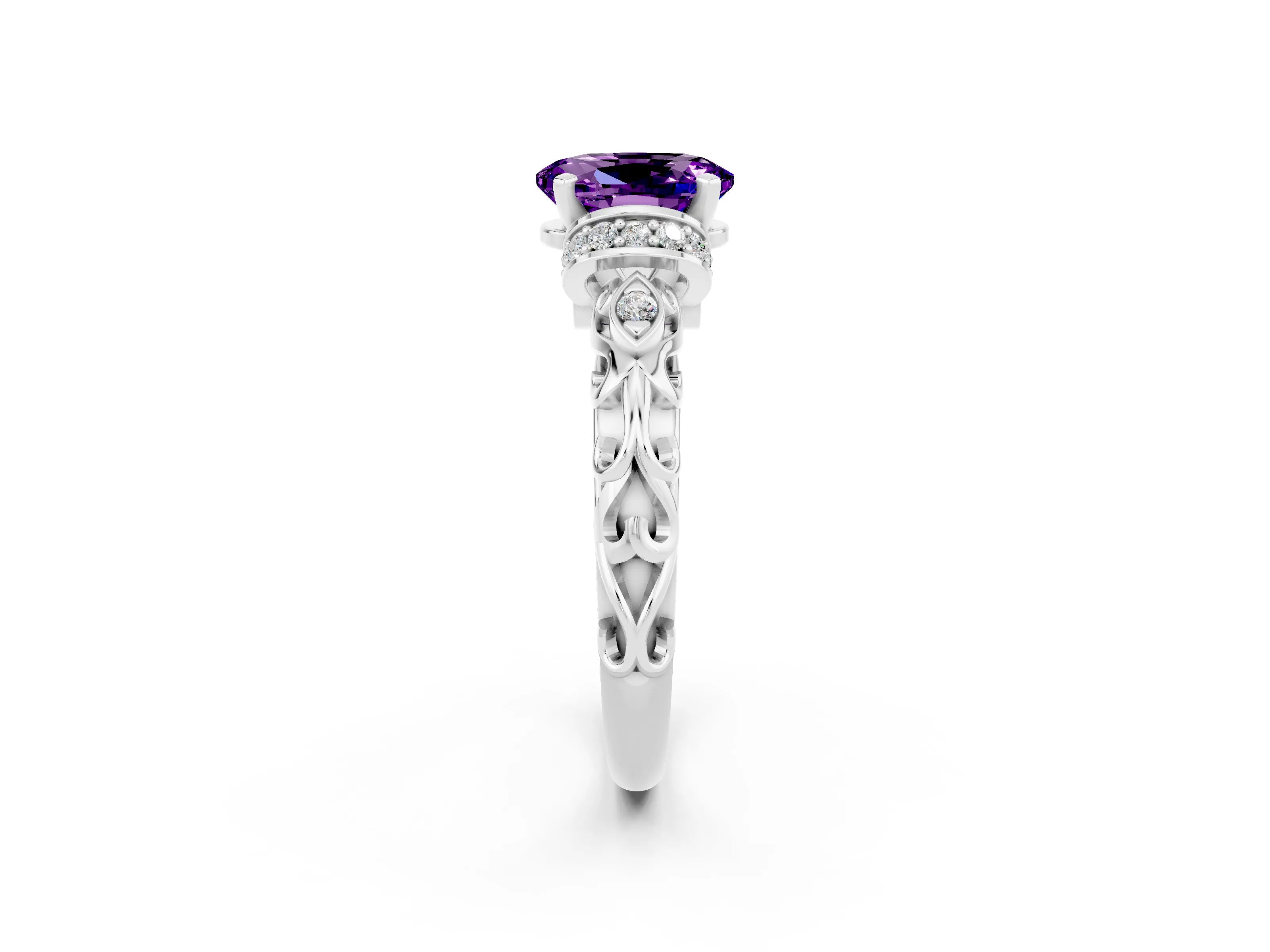 White gold Oval Cut Amethyst Solitaire Ring with Filigree Band and Four-Prong Setting_26
