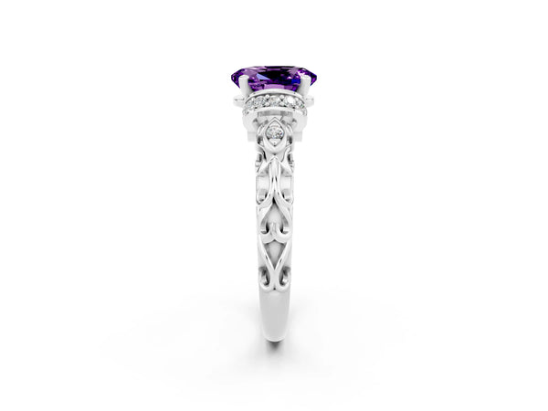 White gold Oval Cut Amethyst Solitaire Ring with Filigree Band and Four-Prong Setting