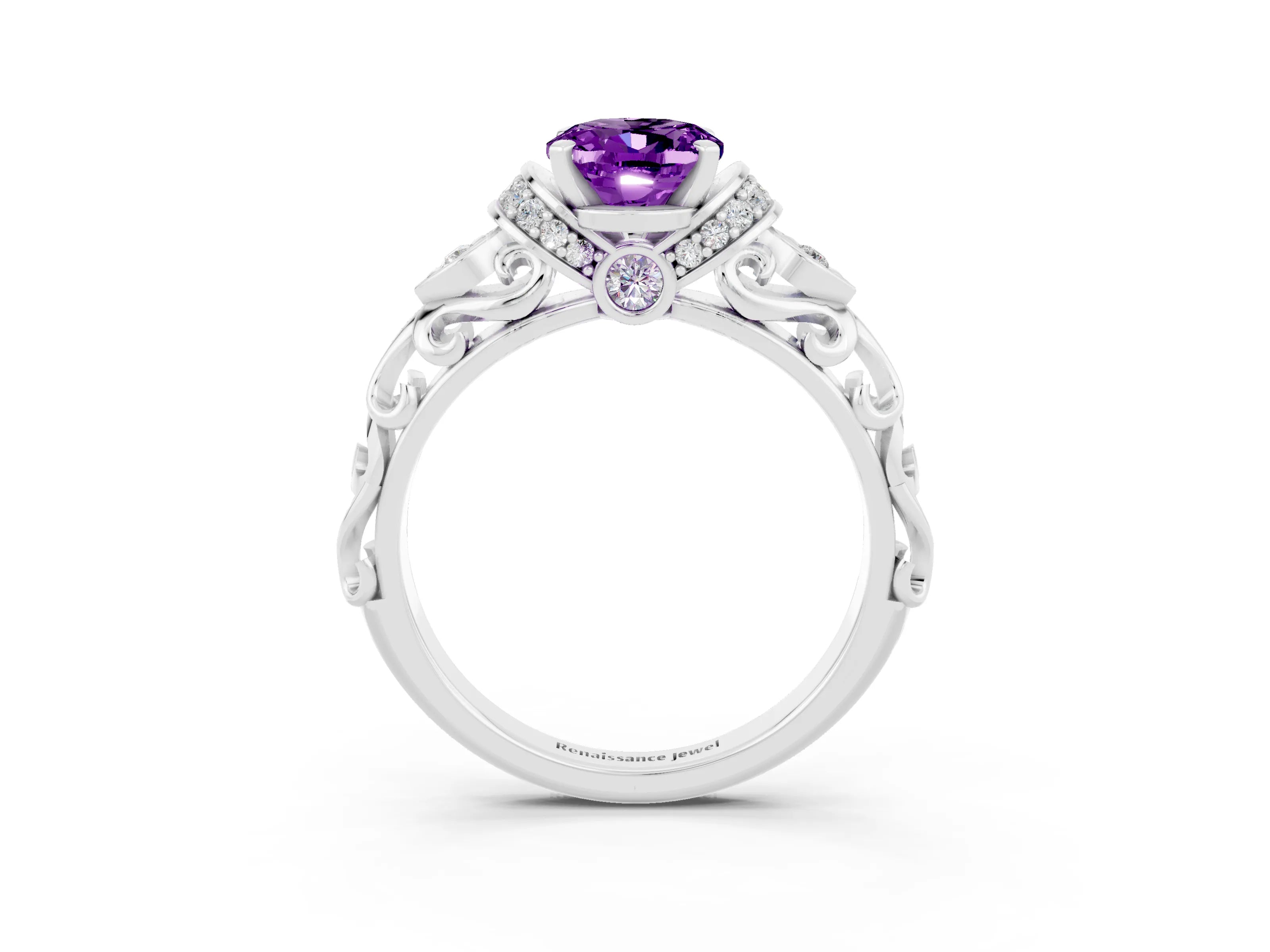 White gold Oval Cut Amethyst Solitaire Ring with Filigree Band and Four-Prong Setting_27