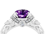 White gold Oval Cut Amethyst Solitaire Ring with Filigree Band and Four-Prong Setting_28