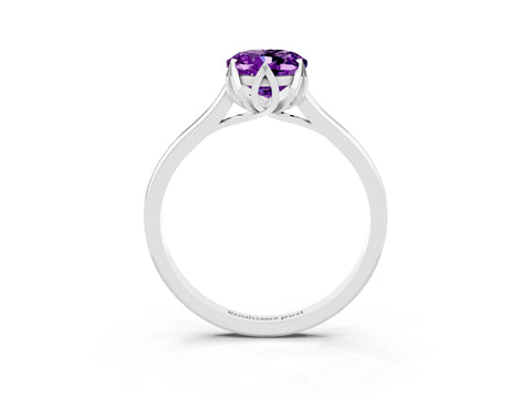 White gold Oval Cut Amethyst Solitaire Ring with Flower Prong Setting and Classic Band_15