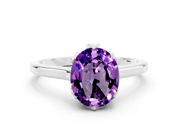 White gold Oval Cut Amethyst Solitaire Ring with Flower Prong Setting and Classic Band