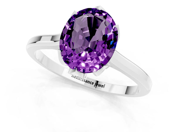 White gold Oval Cut Amethyst Solitaire Ring with Flower Prong Setting and Classic Band