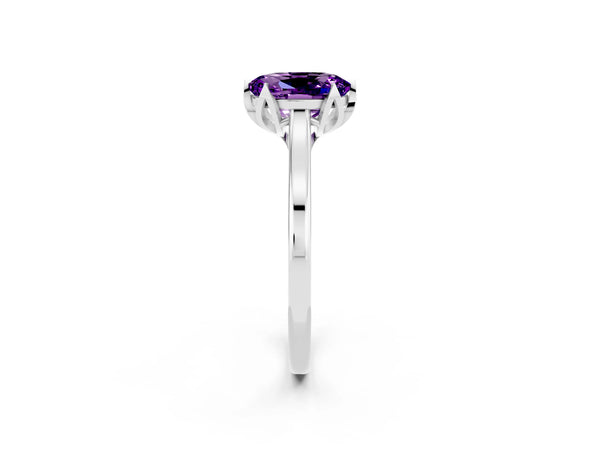 White gold Oval Cut Amethyst Solitaire Ring with Flower Prong Setting and Classic Band