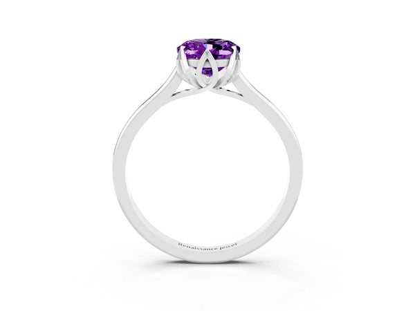 White gold Oval Cut Amethyst Solitaire Ring with Flower Prong Setting and Classic Band