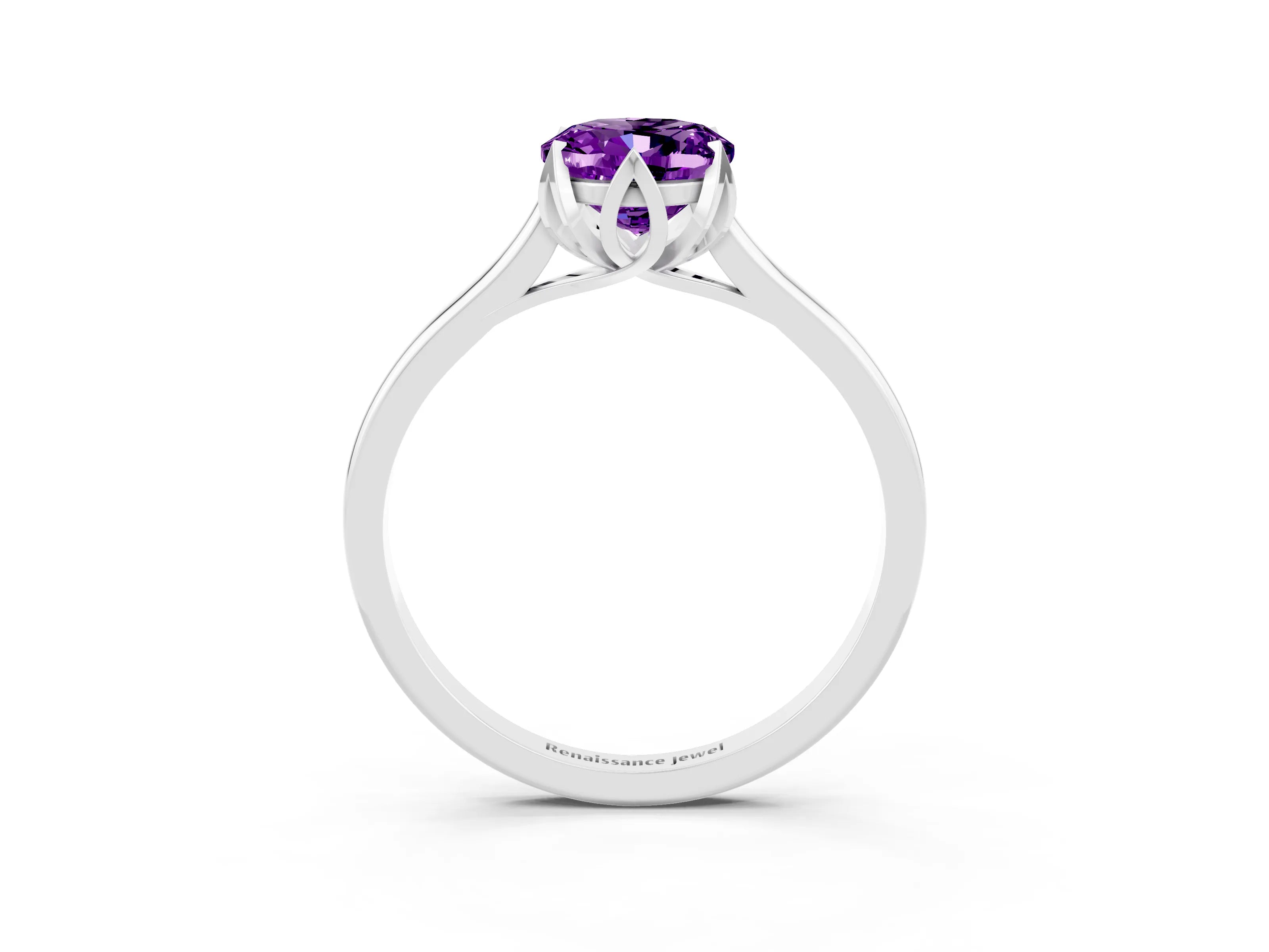 White gold Oval Cut Amethyst Solitaire Ring with Flower Prong Setting and Classic Band_27
