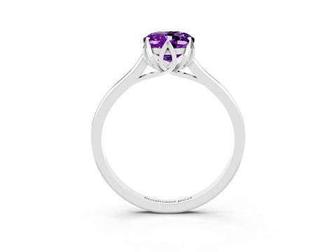 White gold Oval Cut Amethyst Solitaire Ring with Flower Prong Setting and Classic Band_27