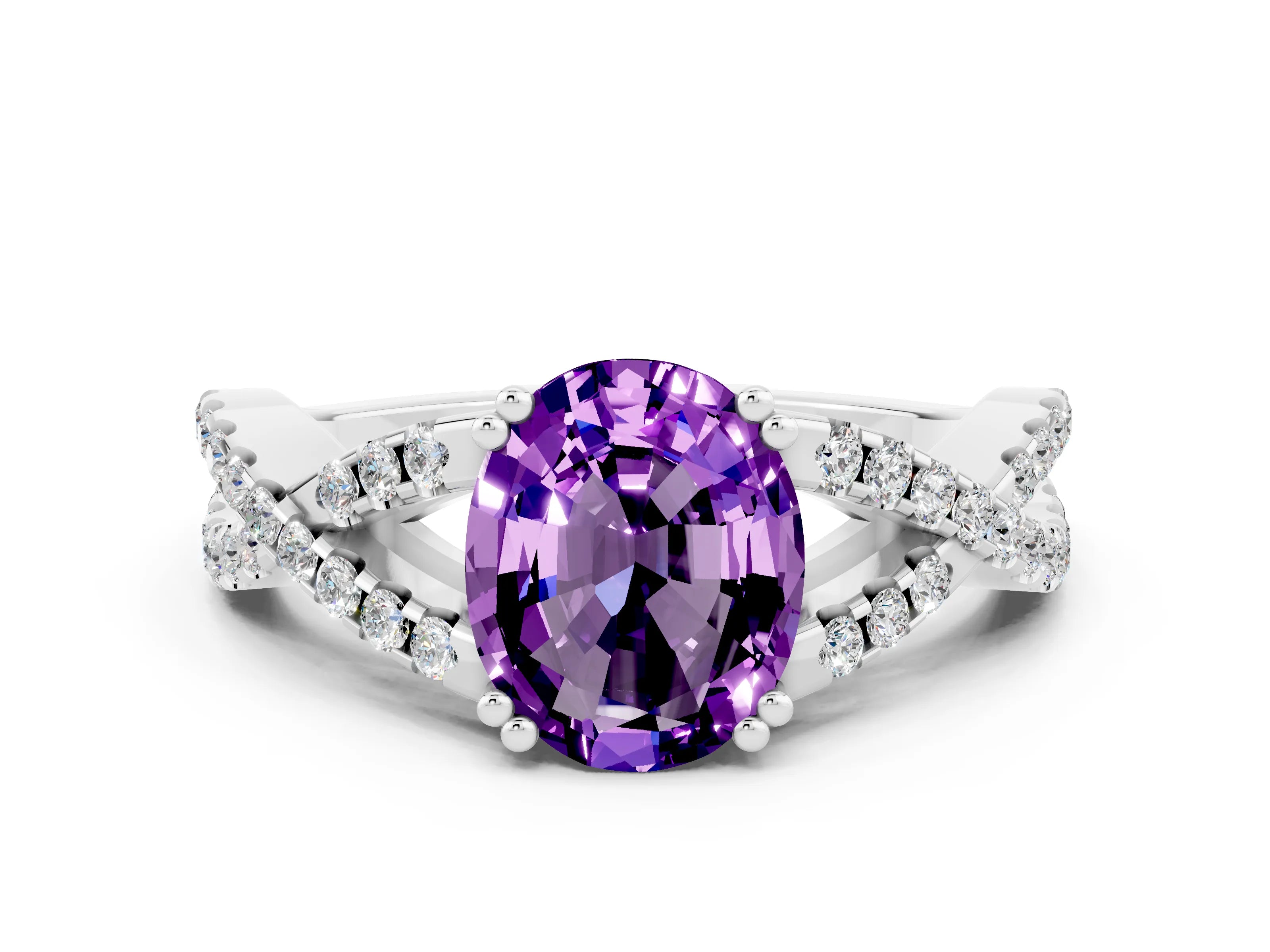White gold Oval Cut Amethyst Solitaire Ring with Four-Prong Setting and Twisted Pavé Band