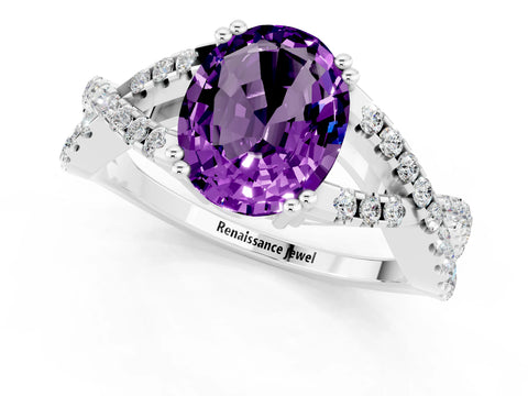 White gold Oval Cut Amethyst Solitaire Ring with Four-Prong Setting and Twisted Pavé Band_1