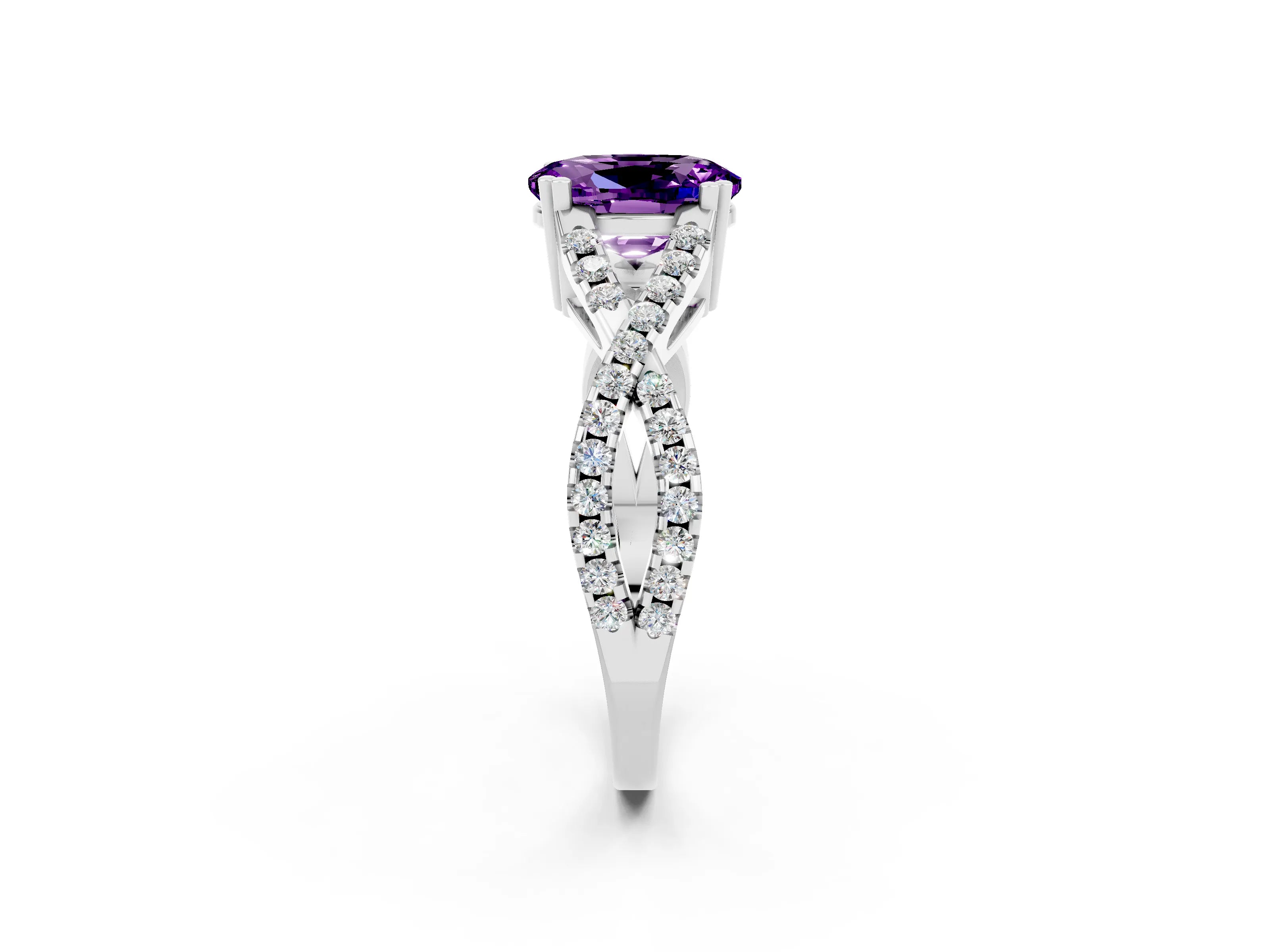 White gold Oval Cut Amethyst Solitaire Ring with Four-Prong Setting and Twisted Pavé Band_2