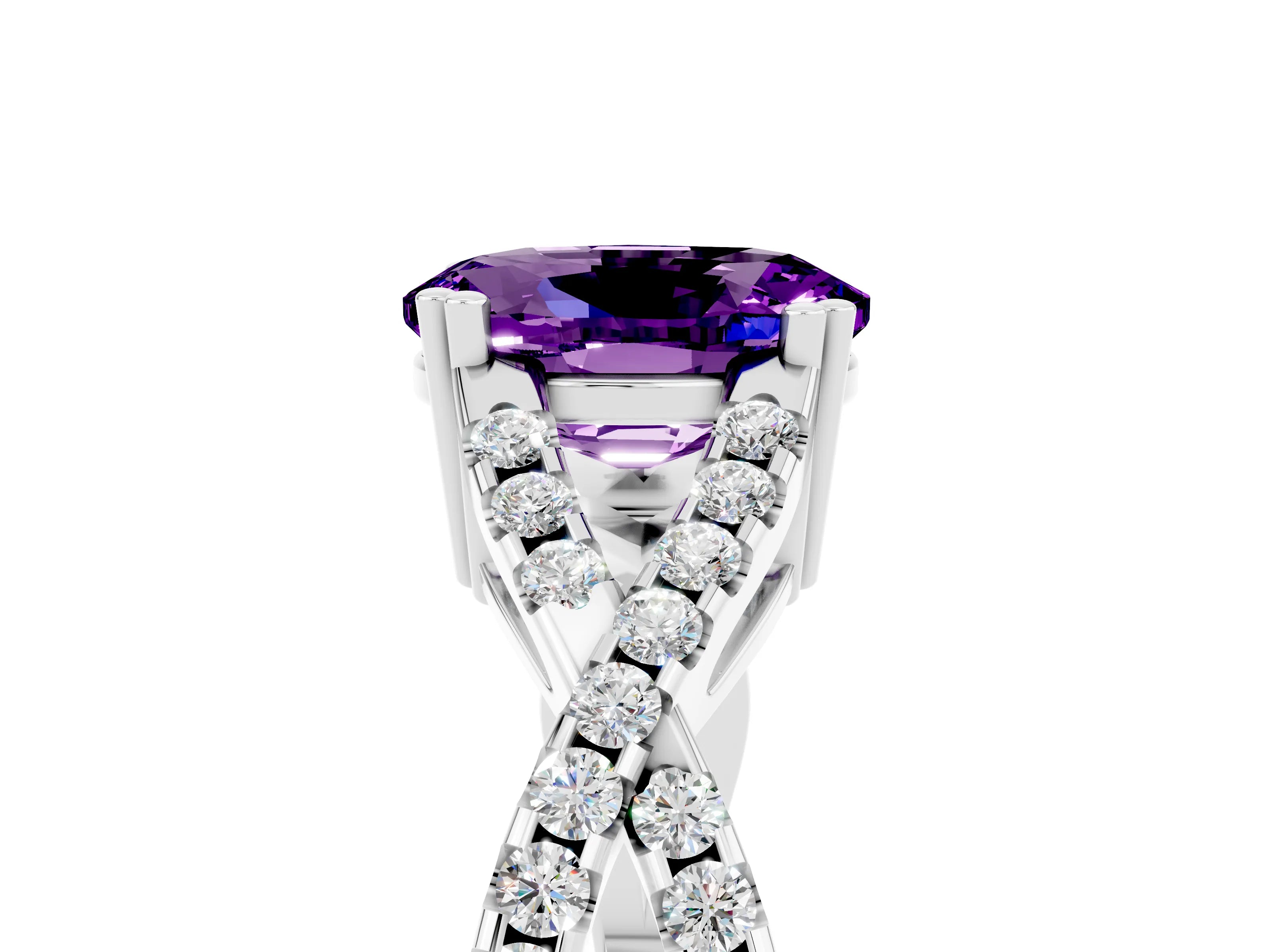 White gold Oval Cut Amethyst Solitaire Ring with Four-Prong Setting and Twisted Pavé Band_5