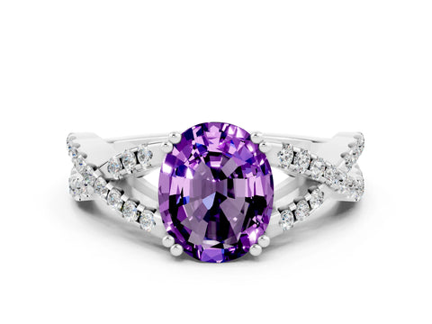 White gold Oval Cut Amethyst Solitaire Ring with Four-Prong Setting and Twisted Pavé Band