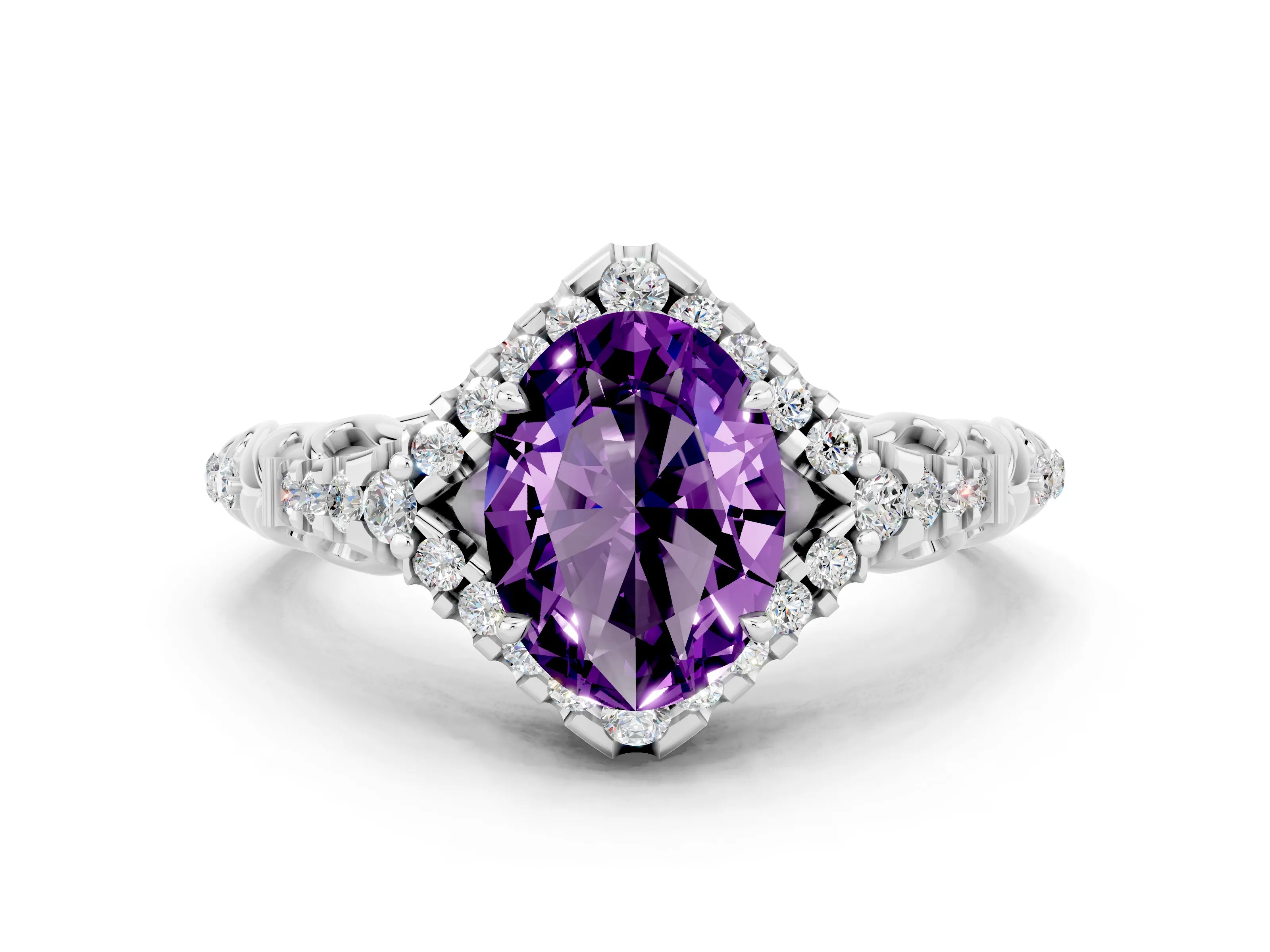 White gold Oval Cut Amethyst Solitaire Ring with Hidden Halo and Pavé Band_12