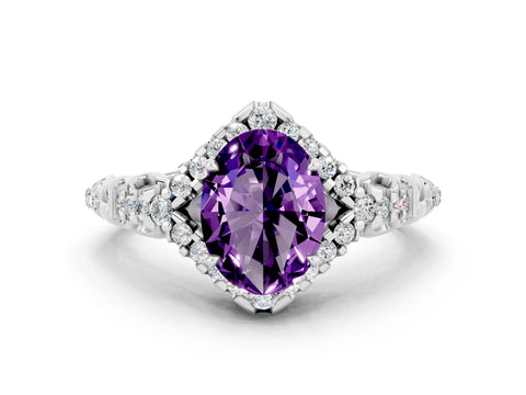 White gold Oval Cut Amethyst Solitaire Ring with Hidden Halo and Pavé Band_12