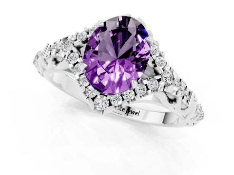 White gold Oval Cut Amethyst Solitaire Ring with Hidden Halo and Pavé Band_13
