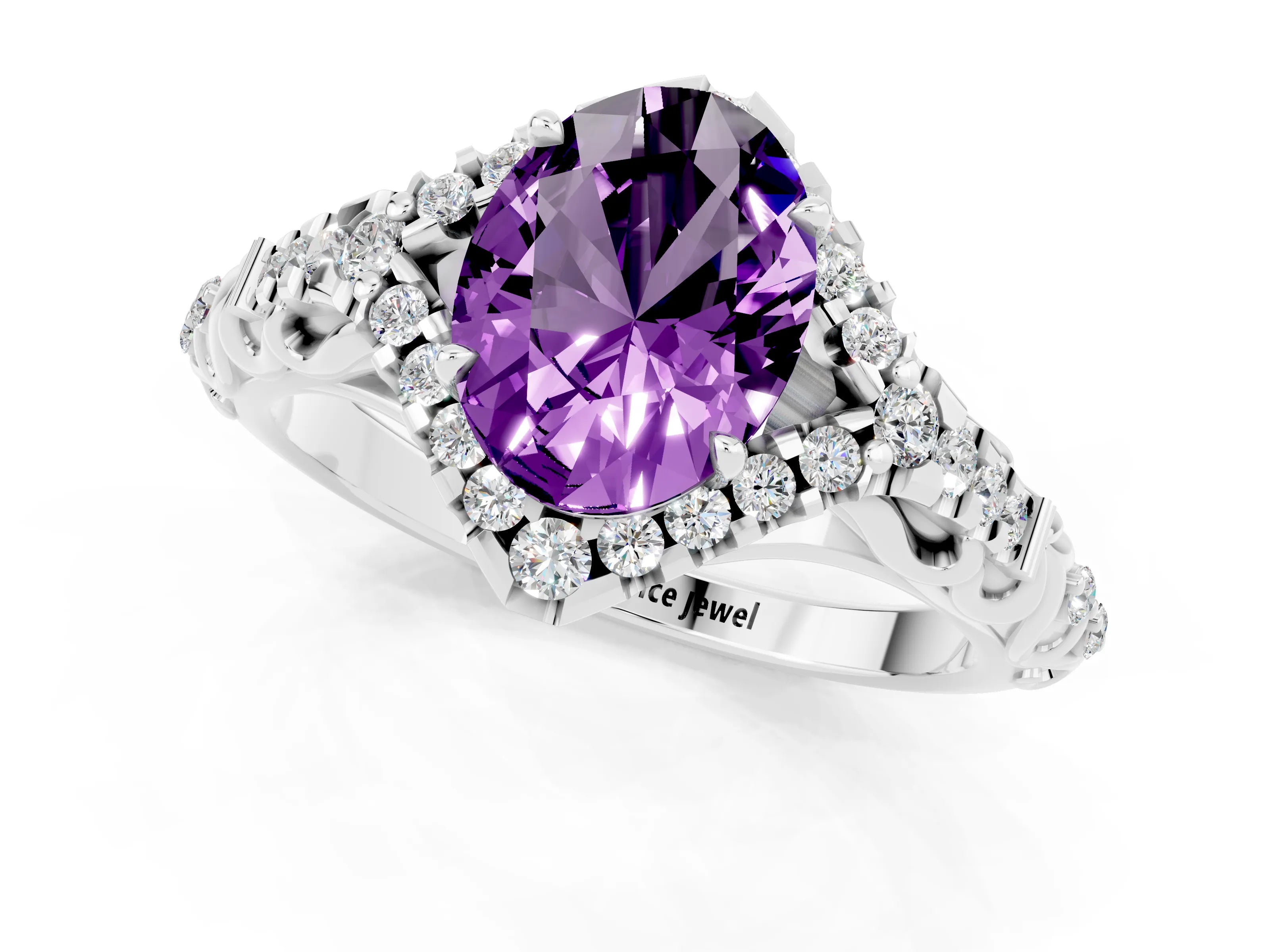 White gold Oval Cut Amethyst Solitaire Ring with Hidden Halo and Pavé Band_13
