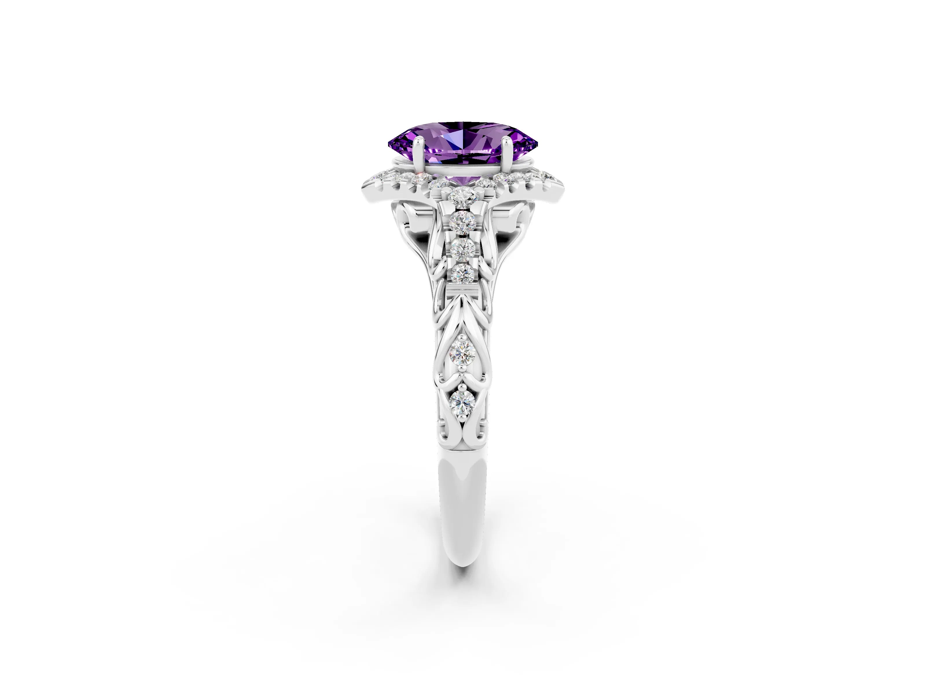 White gold Oval Cut Amethyst Solitaire Ring with Hidden Halo and Pavé Band_14