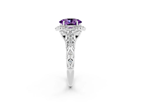 White gold Oval Cut Amethyst Solitaire Ring with Hidden Halo and Pavé Band_14