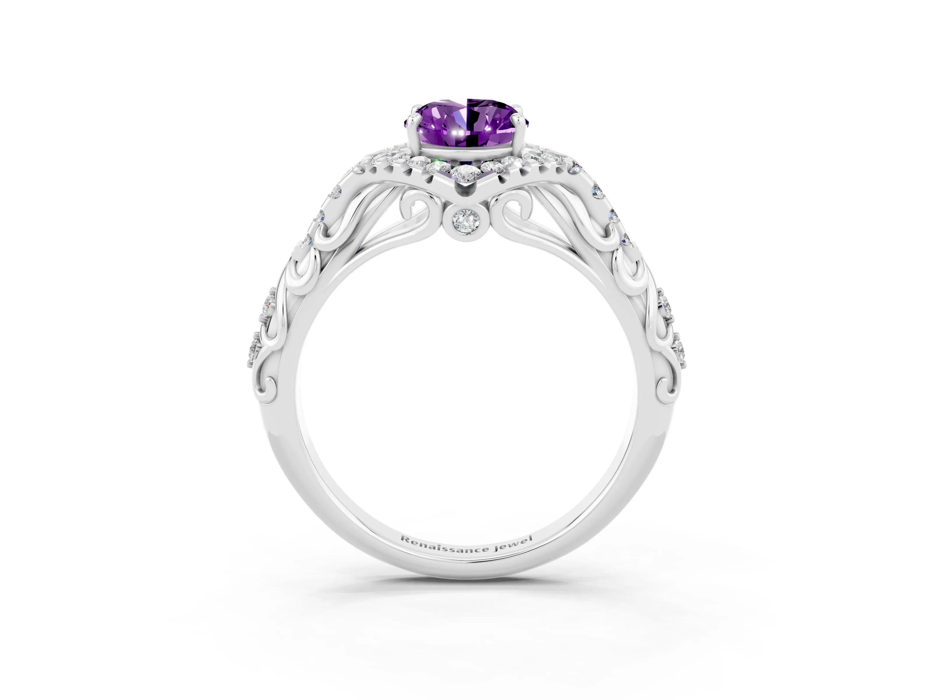 White gold Oval Cut Amethyst Solitaire Ring with Hidden Halo and Pavé Band_15