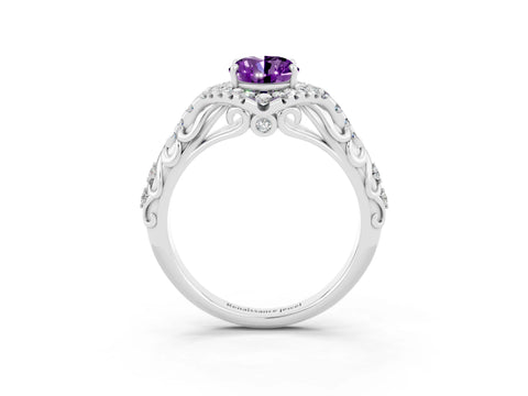 White gold Oval Cut Amethyst Solitaire Ring with Hidden Halo and Pavé Band_15