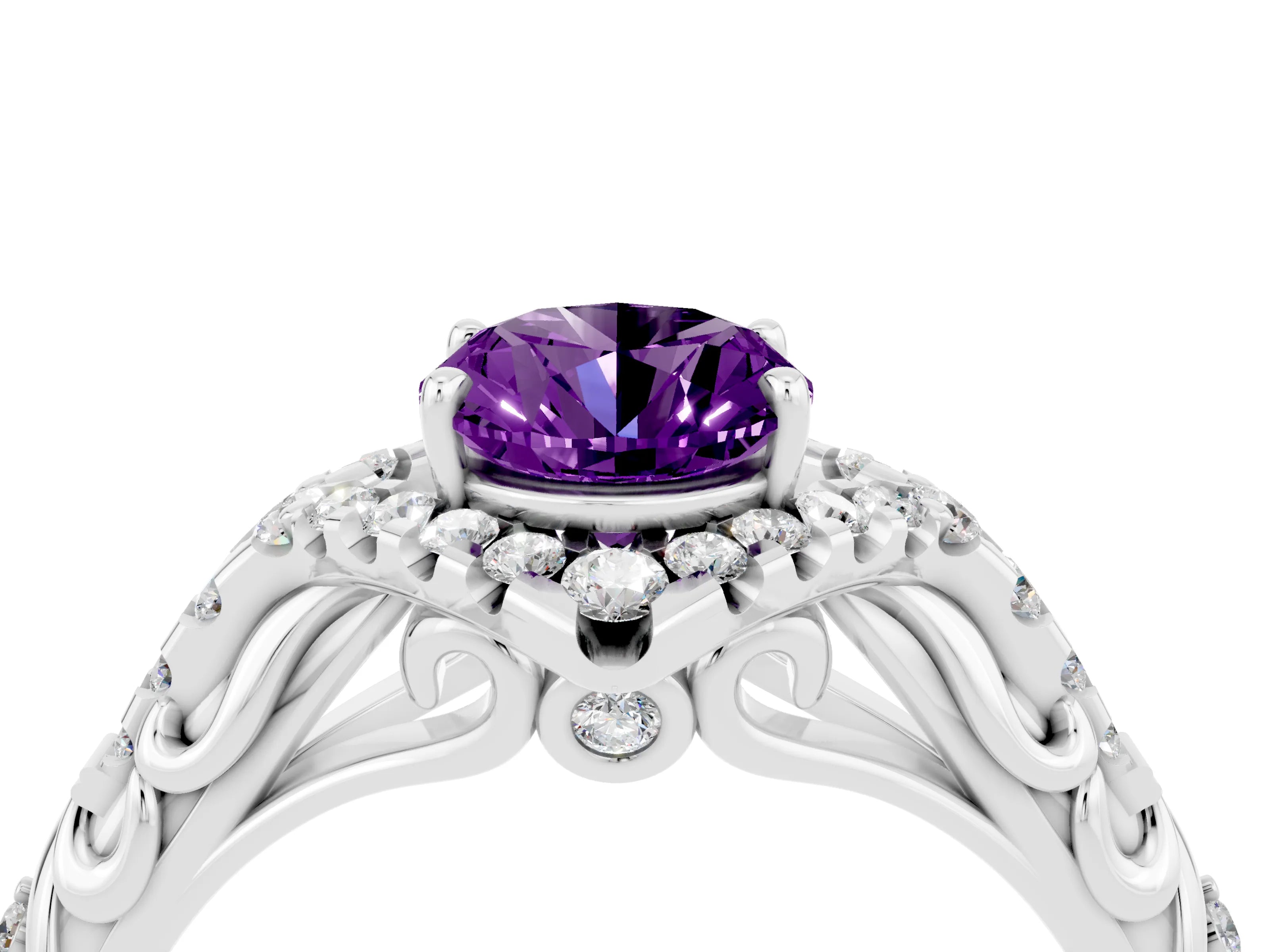 White gold Oval Cut Amethyst Solitaire Ring with Hidden Halo and Pavé Band_16