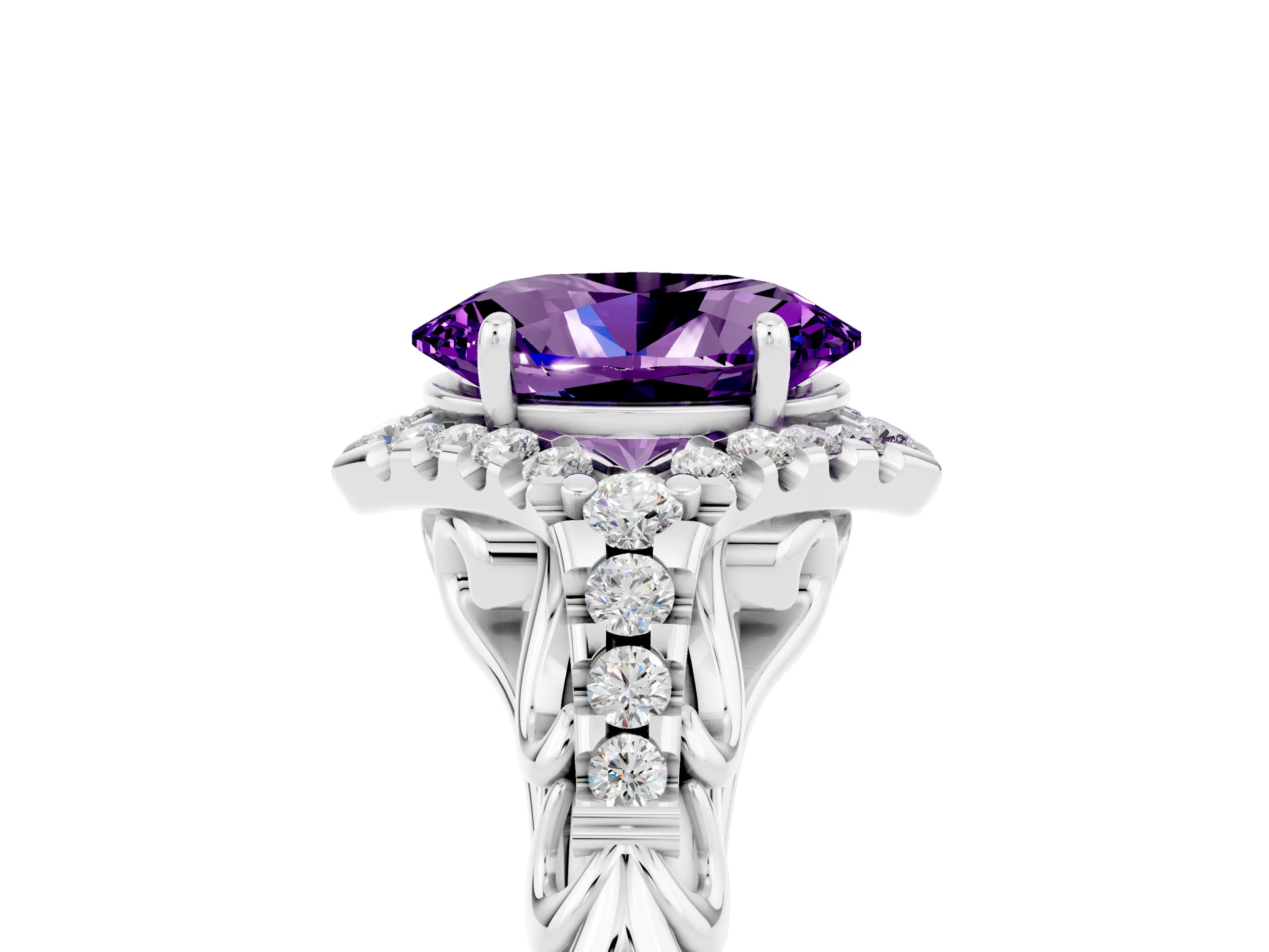 White gold Oval Cut Amethyst Solitaire Ring with Hidden Halo and Pavé Band_17