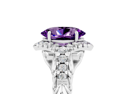 White gold Oval Cut Amethyst Solitaire Ring with Hidden Halo and Pavé Band_17