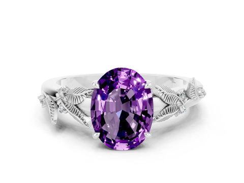 White gold Oval Cut Amethyst Solitaire Ring with Leaf Motif Band and Four-Prong Setting_12