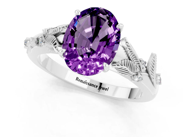 White gold Oval Cut Amethyst Solitaire Ring with Leaf Motif Band and Four-Prong Setting