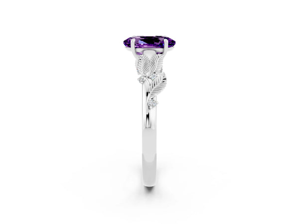 White gold Oval Cut Amethyst Solitaire Ring with Leaf Motif Band and Four-Prong Setting