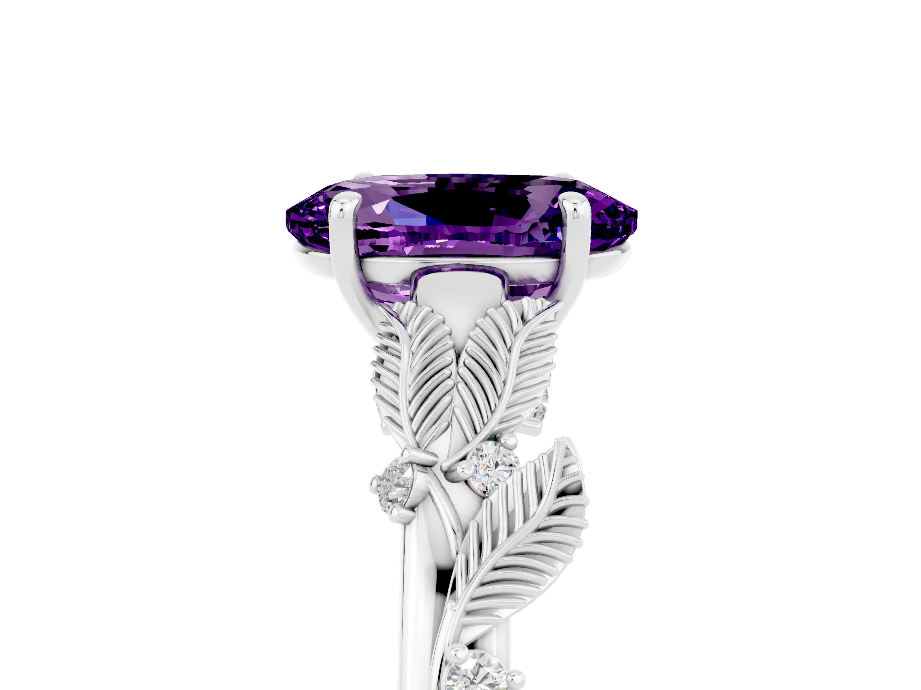 White gold Oval Cut Amethyst Solitaire Ring with Leaf Motif Band and Four-Prong Setting_17