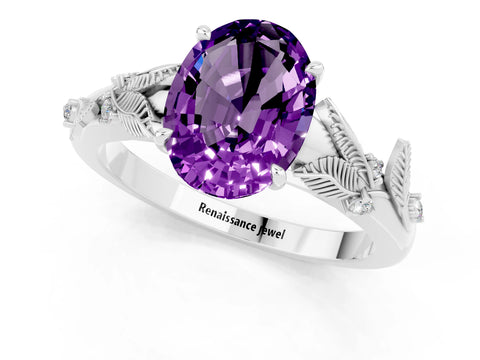 White gold Oval Cut Amethyst Solitaire Ring with Leaf Motif Band and Four-Prong Setting_1