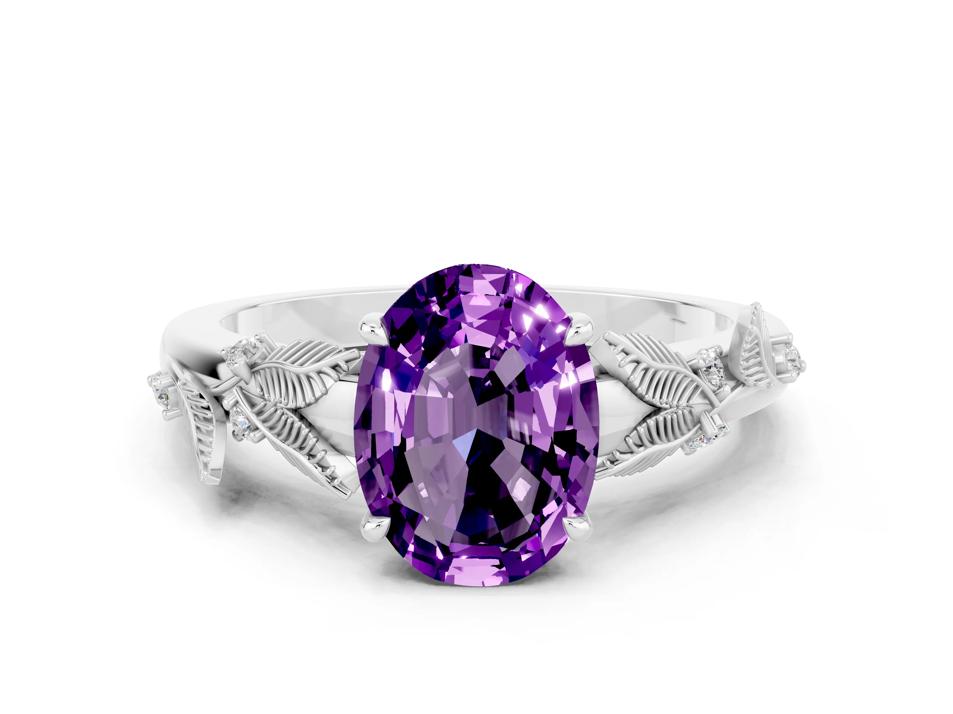 White gold Oval Cut Amethyst Solitaire Ring with Leaf Motif Band and Four-Prong Setting