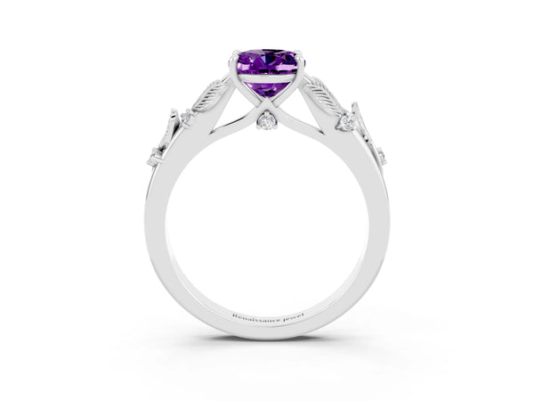 Platinum Oval Cut Amethyst Solitaire Ring with Leaf Motif Band and Four-Prong Setting