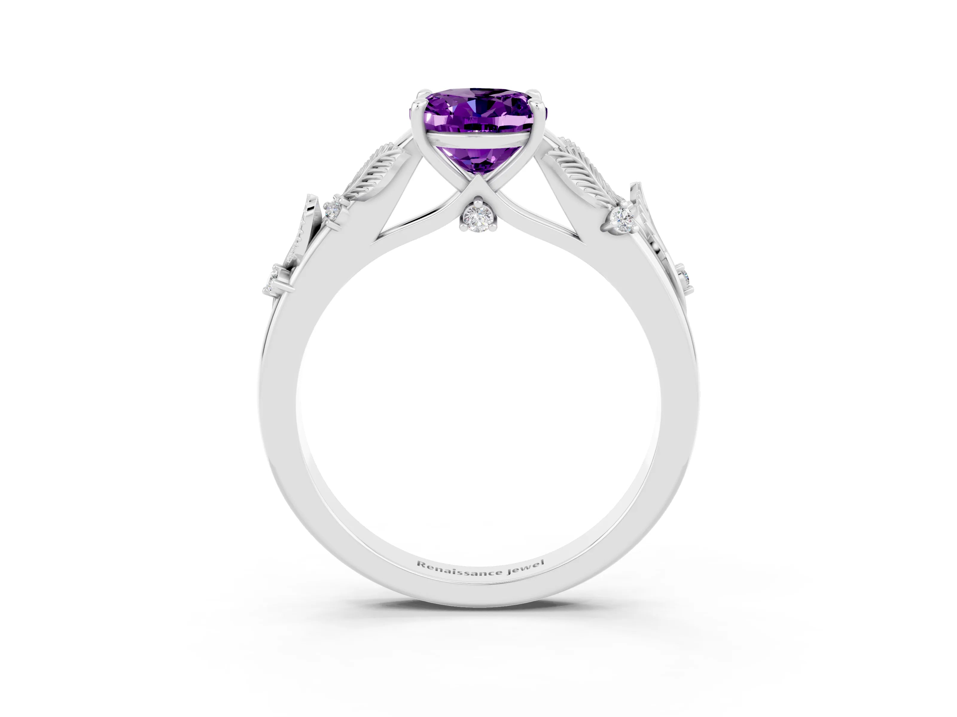 White gold Oval Cut Amethyst Solitaire Ring with Leaf Motif Band and Four-Prong Setting_3