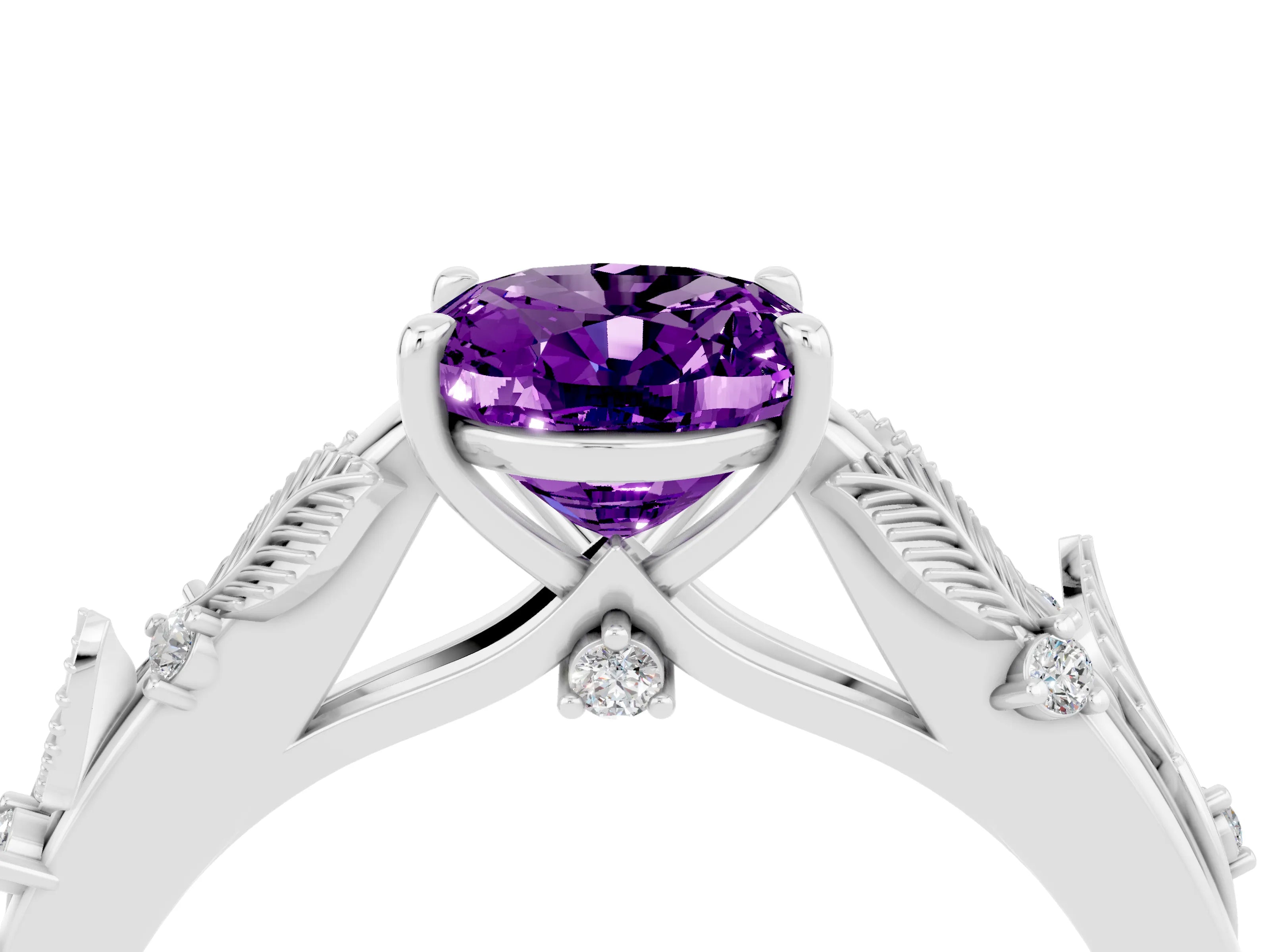 White gold Oval Cut Amethyst Solitaire Ring with Leaf Motif Band and Four-Prong Setting_4