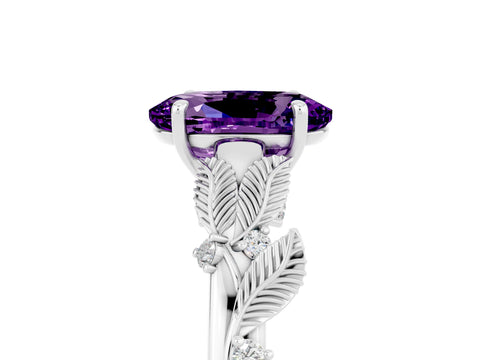White gold Oval Cut Amethyst Solitaire Ring with Leaf Motif Band and Four-Prong Setting_5