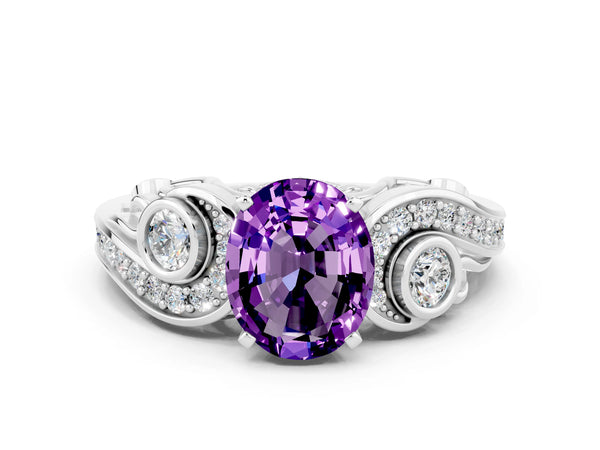Platinum Oval Cut Amethyst Solitaire Ring with Milgrain Pavé Band and Four-Prong Setting