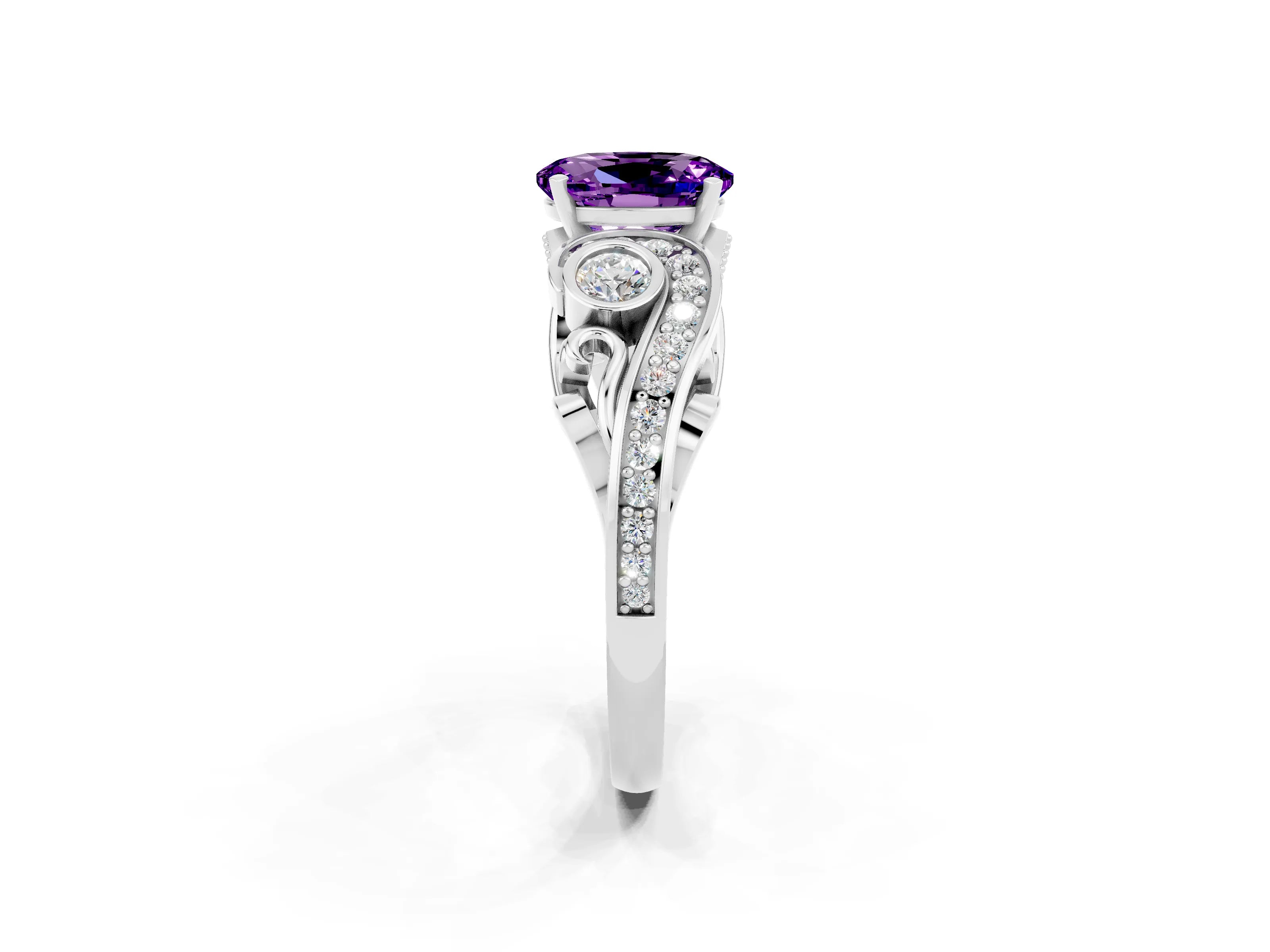 White gold Oval Cut Amethyst Solitaire Ring with Milgrain Pavé Band and Four-Prong Setting_14