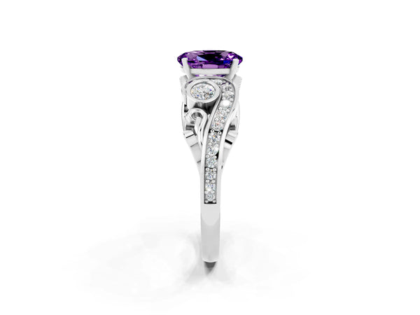 Silver Oval Cut Amethyst Solitaire Ring with Milgrain Pavé Band and Four-Prong Setting