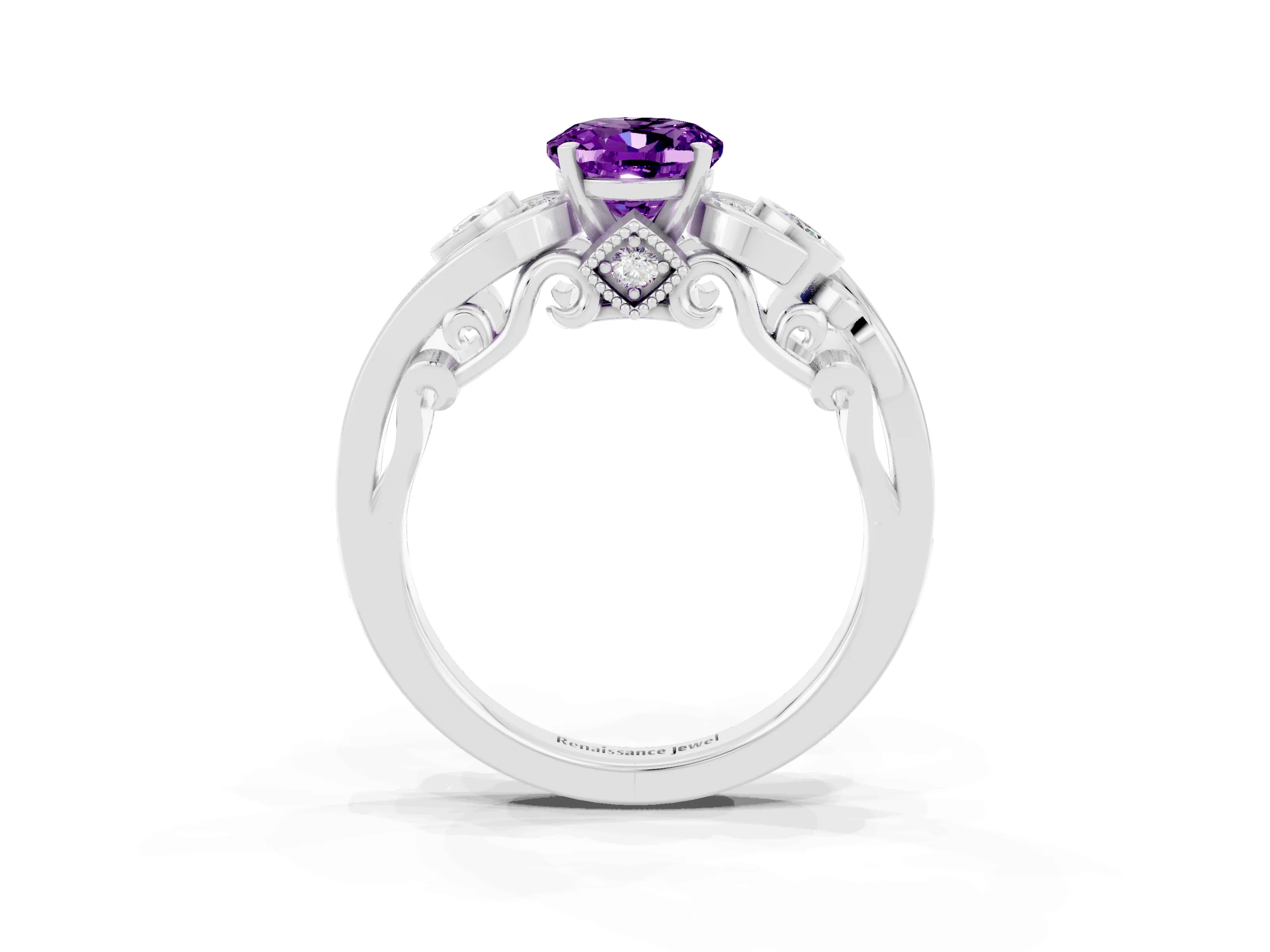 White gold Oval Cut Amethyst Solitaire Ring with Milgrain Pavé Band and Four-Prong Setting_15