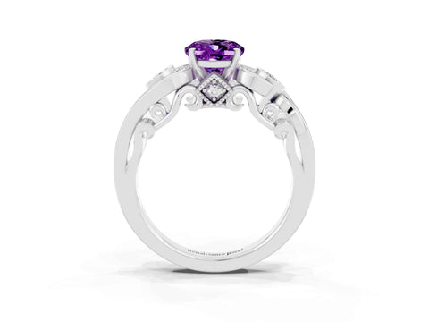 White gold Oval Cut Amethyst Solitaire Ring with Milgrain Pavé Band and Four-Prong Setting_15