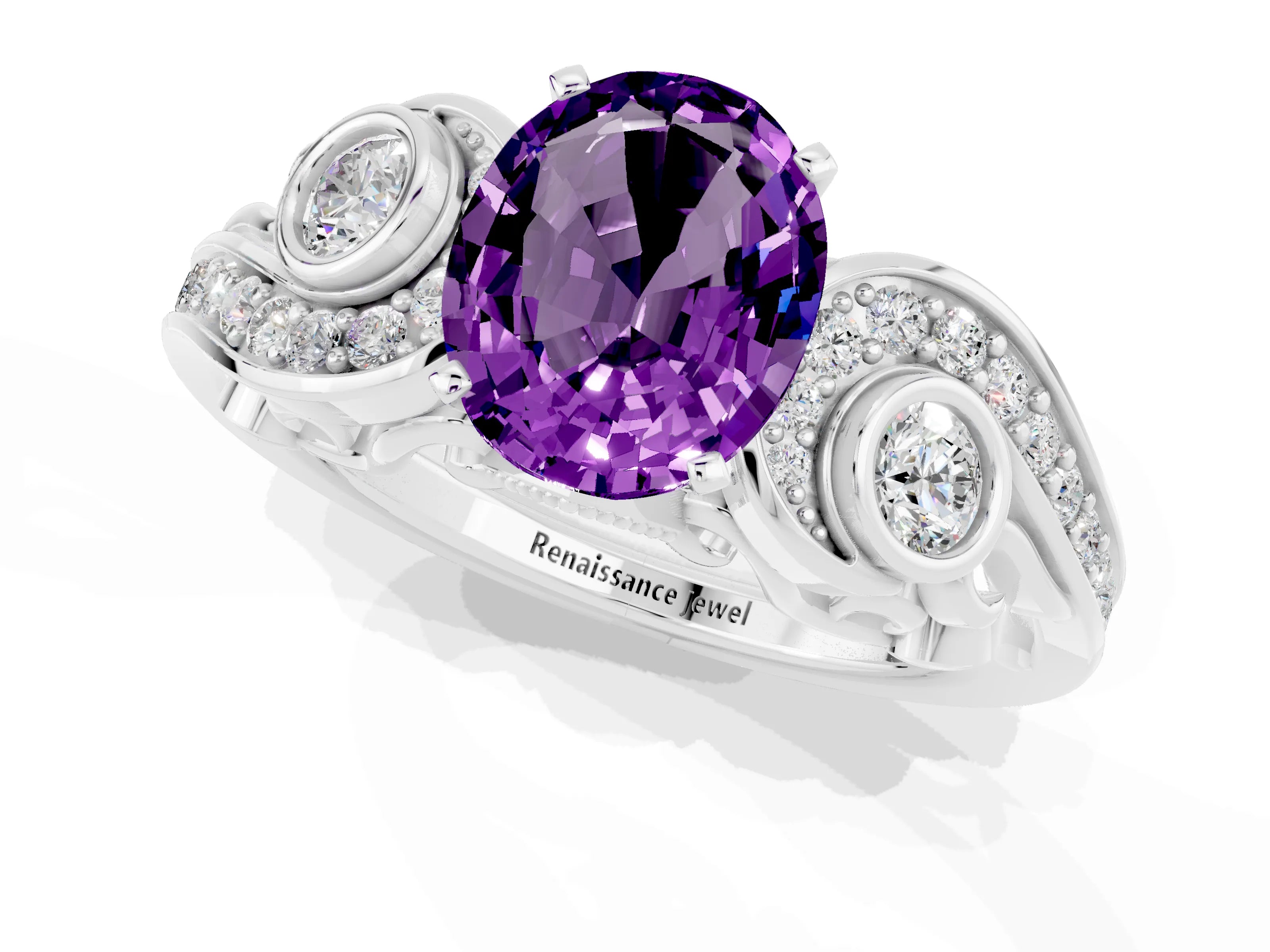White gold Oval Cut Amethyst Solitaire Ring with Milgrain Pavé Band and Four-Prong Setting_49