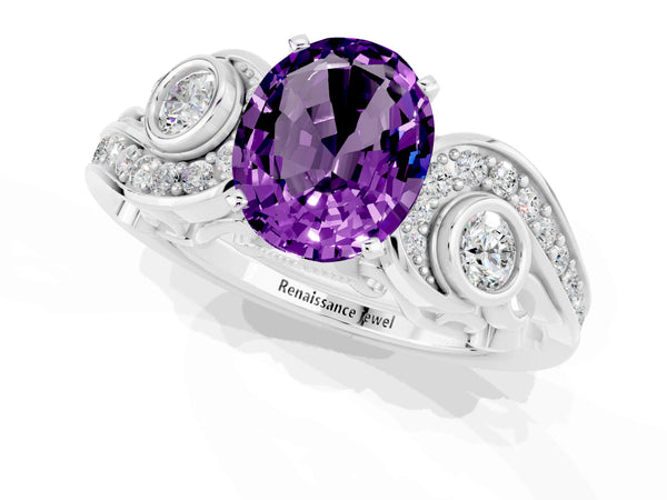 White gold Oval Cut Amethyst Solitaire Ring with Milgrain Pavé Band and Four-Prong Setting