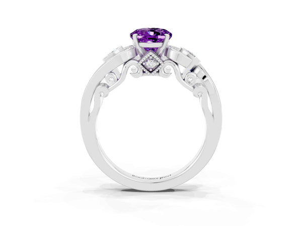 White gold Oval Cut Amethyst Solitaire Ring with Milgrain Pavé Band and Four-Prong Setting