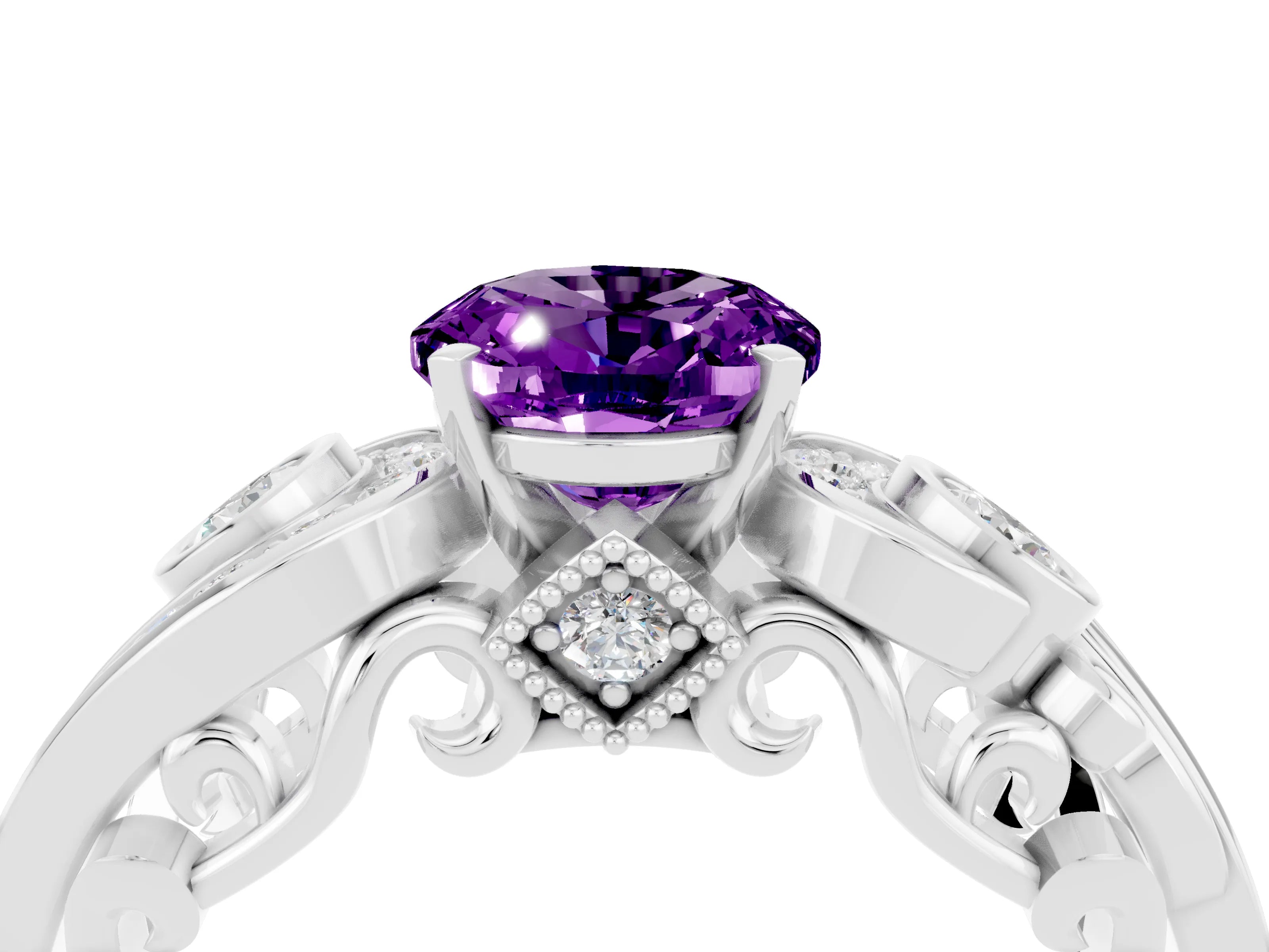 White gold Oval Cut Amethyst Solitaire Ring with Milgrain Pavé Band and Four-Prong Setting_52