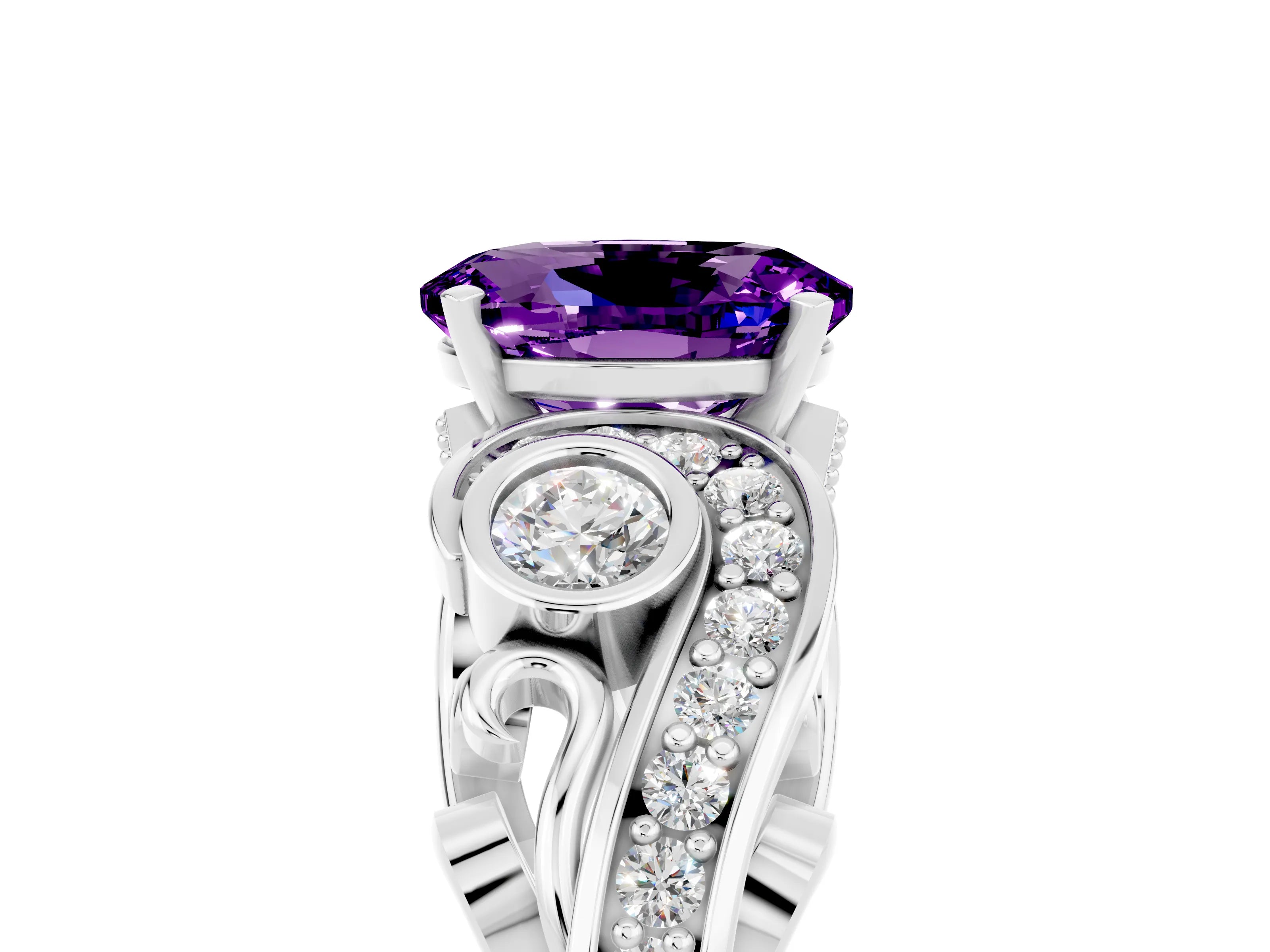 White gold Oval Cut Amethyst Solitaire Ring with Milgrain Pavé Band and Four-Prong Setting_53