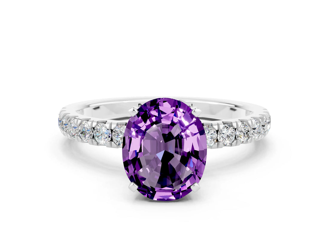 White gold Oval Cut Amethyst Solitaire Ring with Pavé Accents and Four-Prong Setting