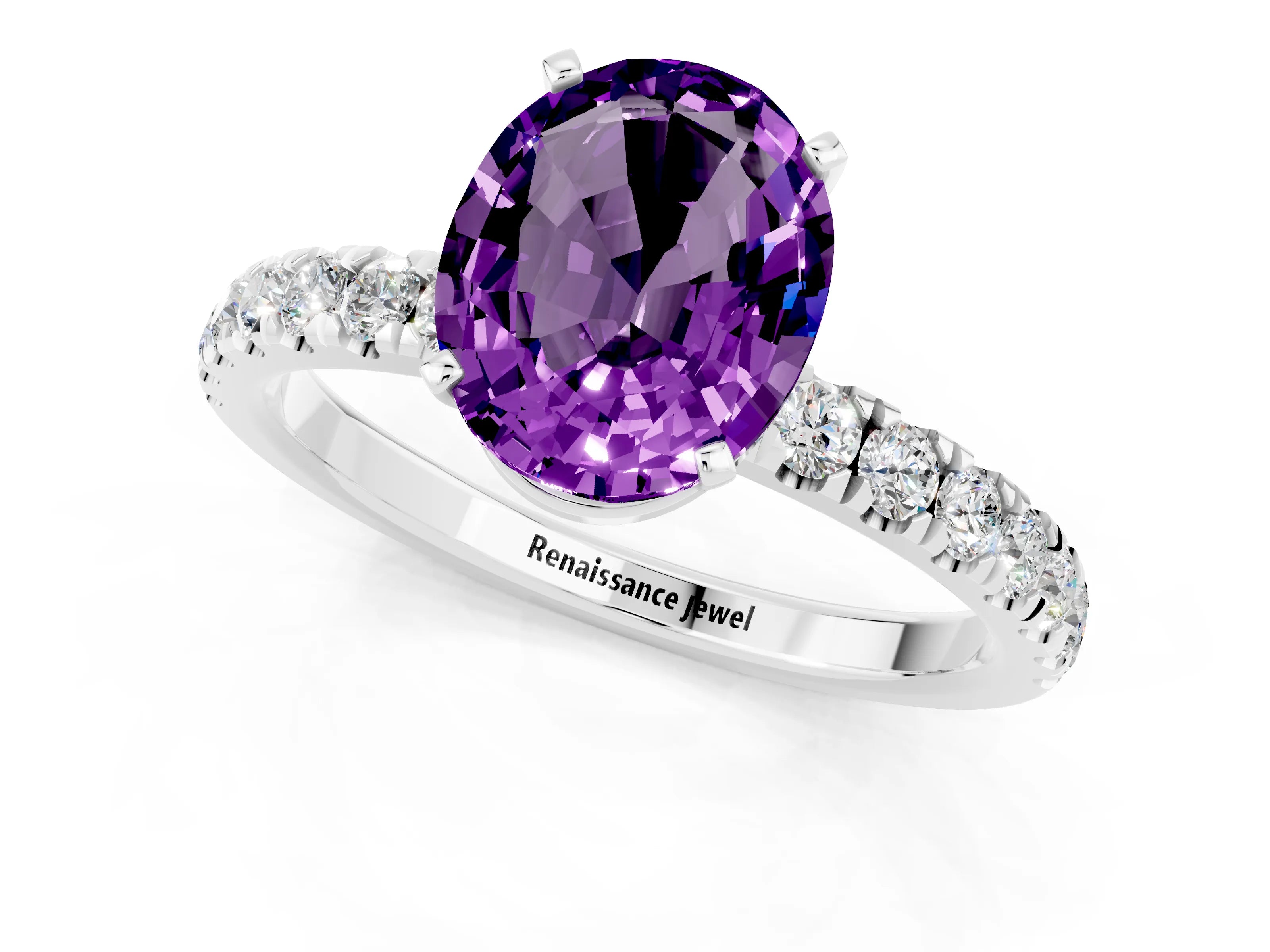 White gold Oval Cut Amethyst Solitaire Ring with Pavé Accents and Four-Prong Setting_1